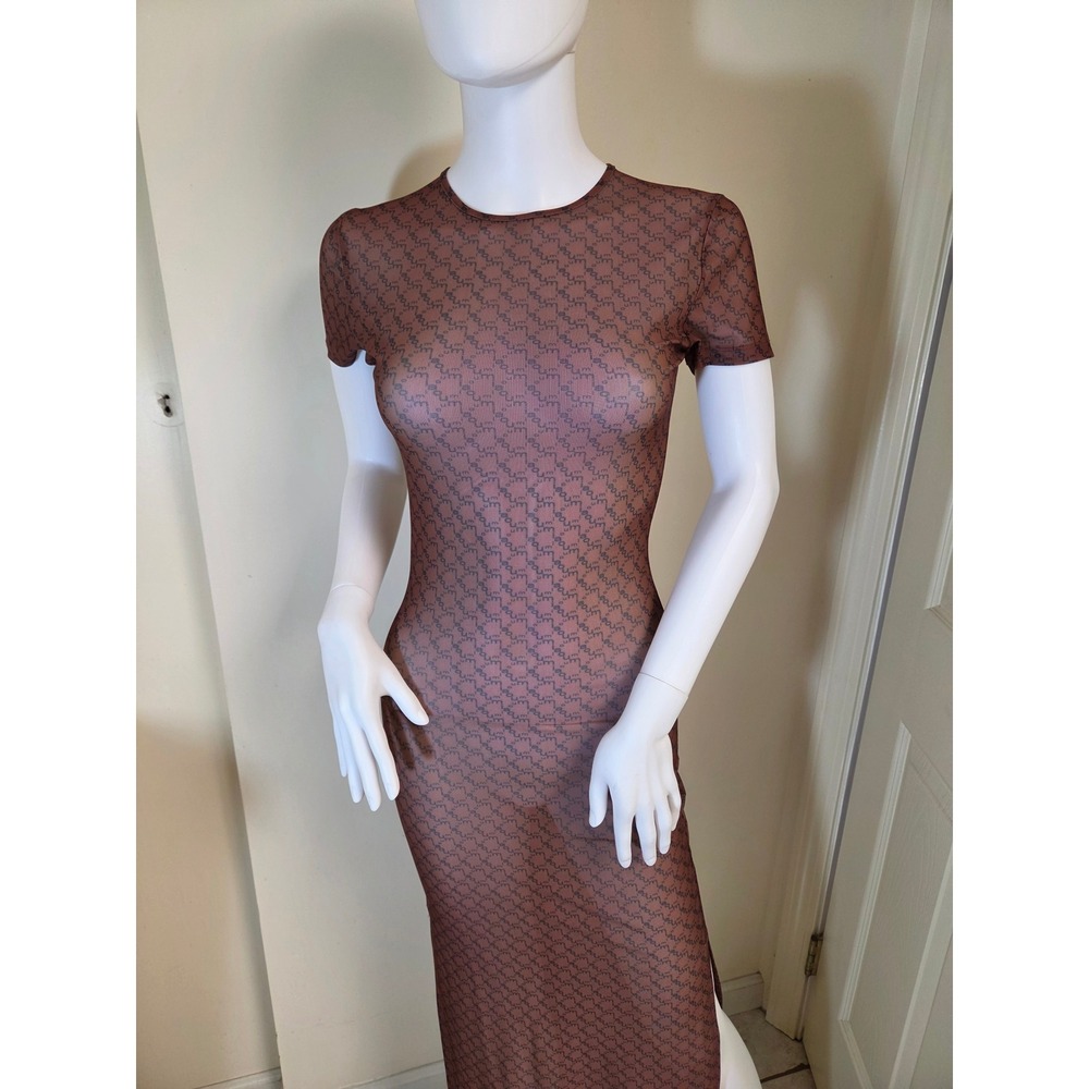 Miaou Mesh Maxi Dress Brown Monogram Sheer Short Sleeve Bodycon XS